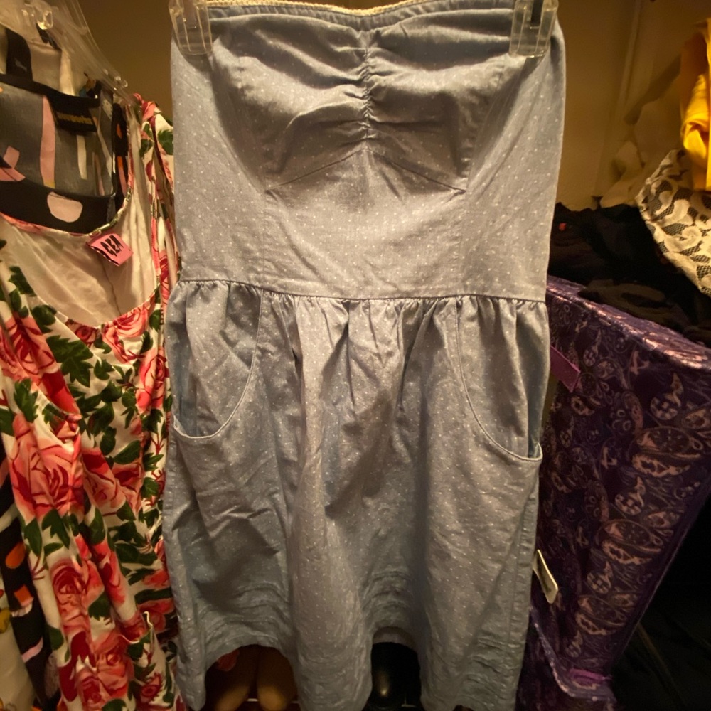 Light denim polka dot strapless dress